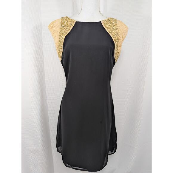 LONDON DRESS COMPANY! BLACK CHIFFON W/GOLDEN NUDE SHOULDER DETAIL DRESS! SZ 10 - Picture 2 of 9